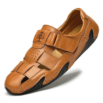 Men Summer Cow Split Leather Magic Tape Casual Sandals Shoes